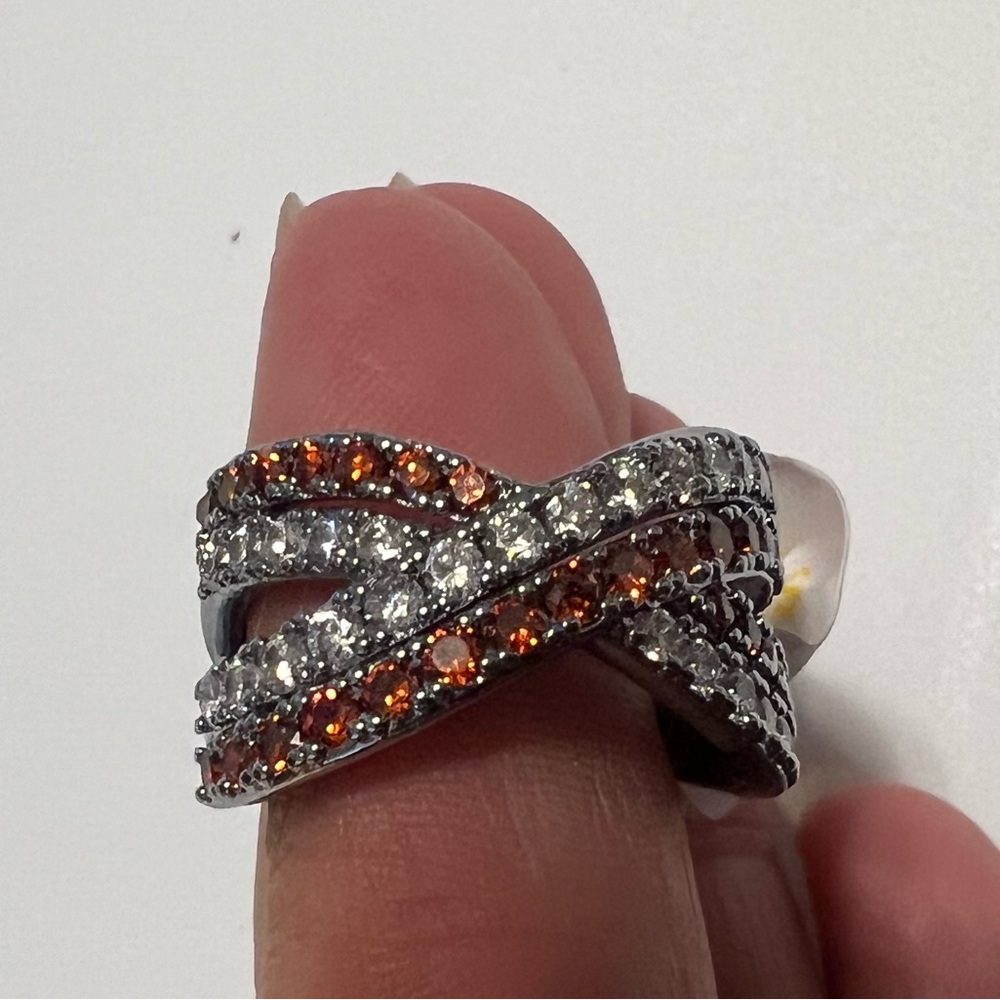 Bomb Party Silver Hematite Plated Ring with Garnet and Diamond Cubic Zirconia